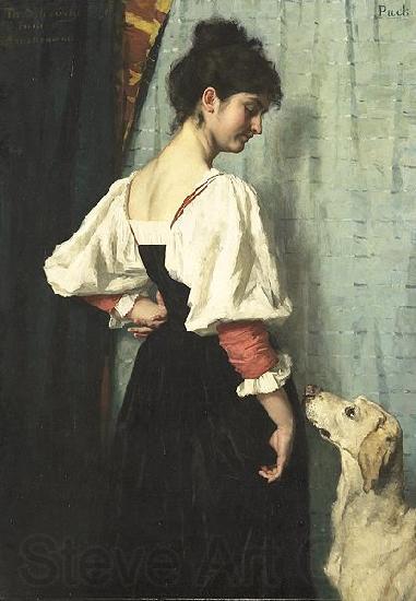 Therese Schwartze Young Italian woman with a dog called Puck. Norge oil painting art